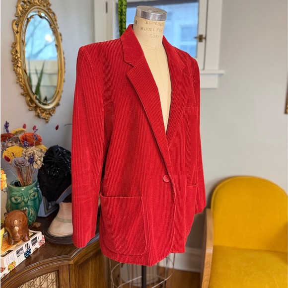 Liz Sport Vintage 80s Red Wide wale Corduroy Blazer Jacket Women Size L - Picture 3 of 9